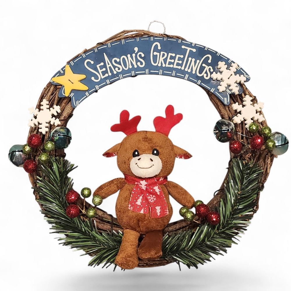 Seasons Greetings Winter Reindeer Grapevine Wreath
